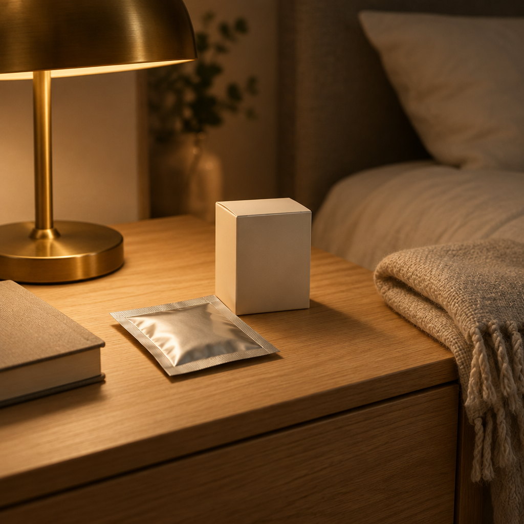 Sobre y caja de parches de microagujas sobre una mesa de noche con lámpara encendida