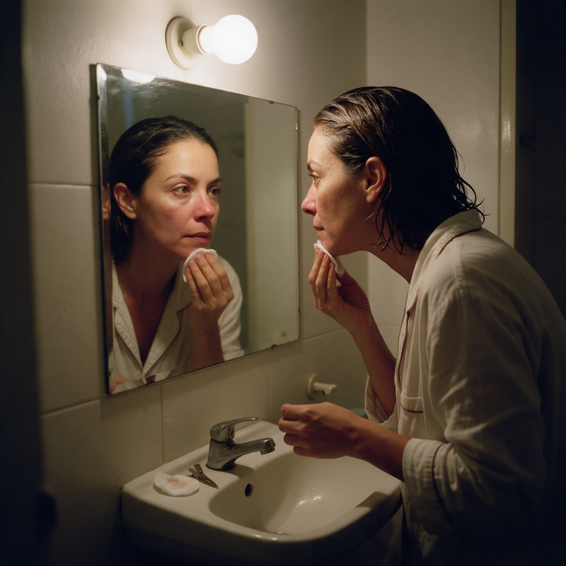 Mujer desmaquillada frente al espejo del baño en la noche