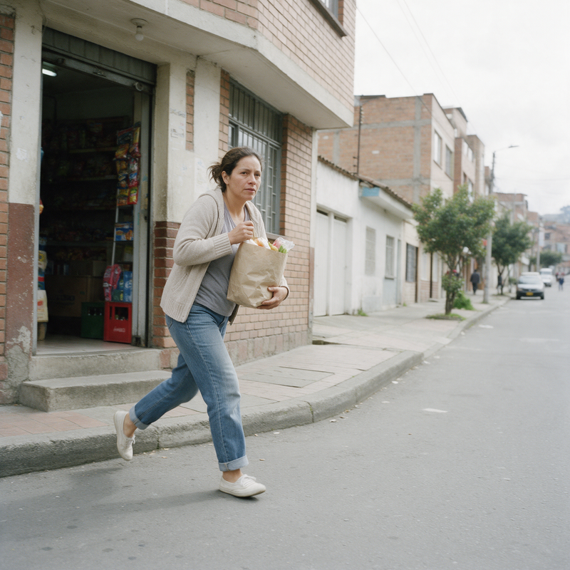 Mujer saliendo a la calle sin maquillaje en la mañana