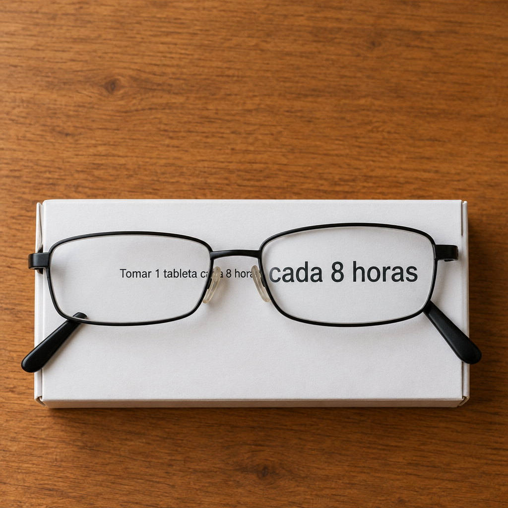 Gafas de lectura TR90 sobre una caja de medicamento, ampliando la letra pequeña de la dosis