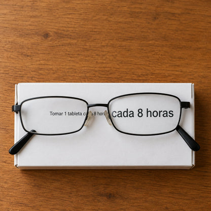 Gafas de lectura TR90 sobre una caja de medicamento, ampliando la letra pequeña de la dosis