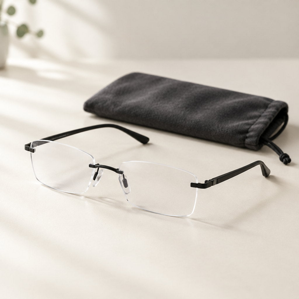Gafas de lectura rimless con montura TR90 y su estuche de tela
