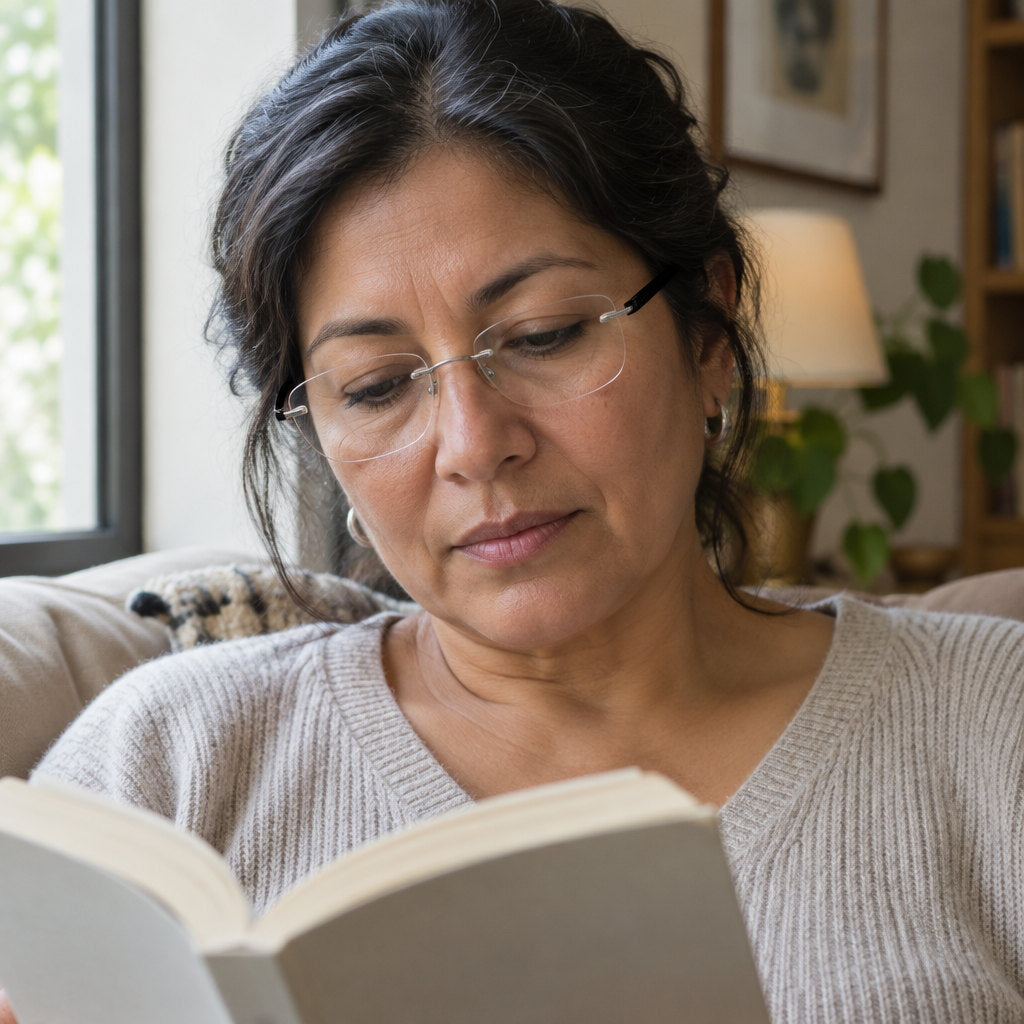 Mujer leyendo un libro con las gafas de lectura con aumento puestas