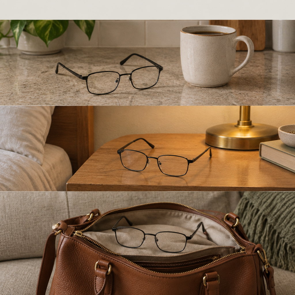 Gafas de lectura en tres sitios de la casa: la cocina, la mesa de noche y el bolso