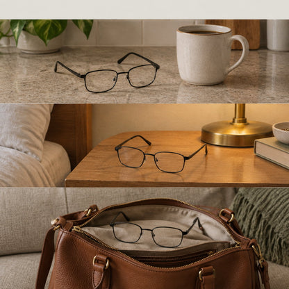 Gafas de lectura en tres sitios de la casa: la cocina, la mesa de noche y el bolso