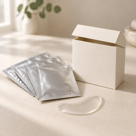 Caja de parches de microagujas de Nuvé abierta con cuatro sobres sellados y un parche transparente