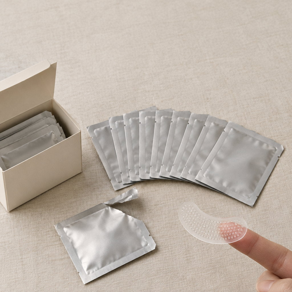 Caja abierta de parches con los sobres sellados y un parche sobre la yema del dedo