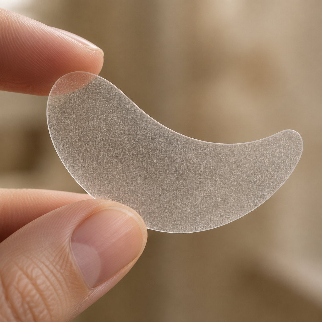Parche de microagujas sostenido entre los dedos, con su textura mate fina
