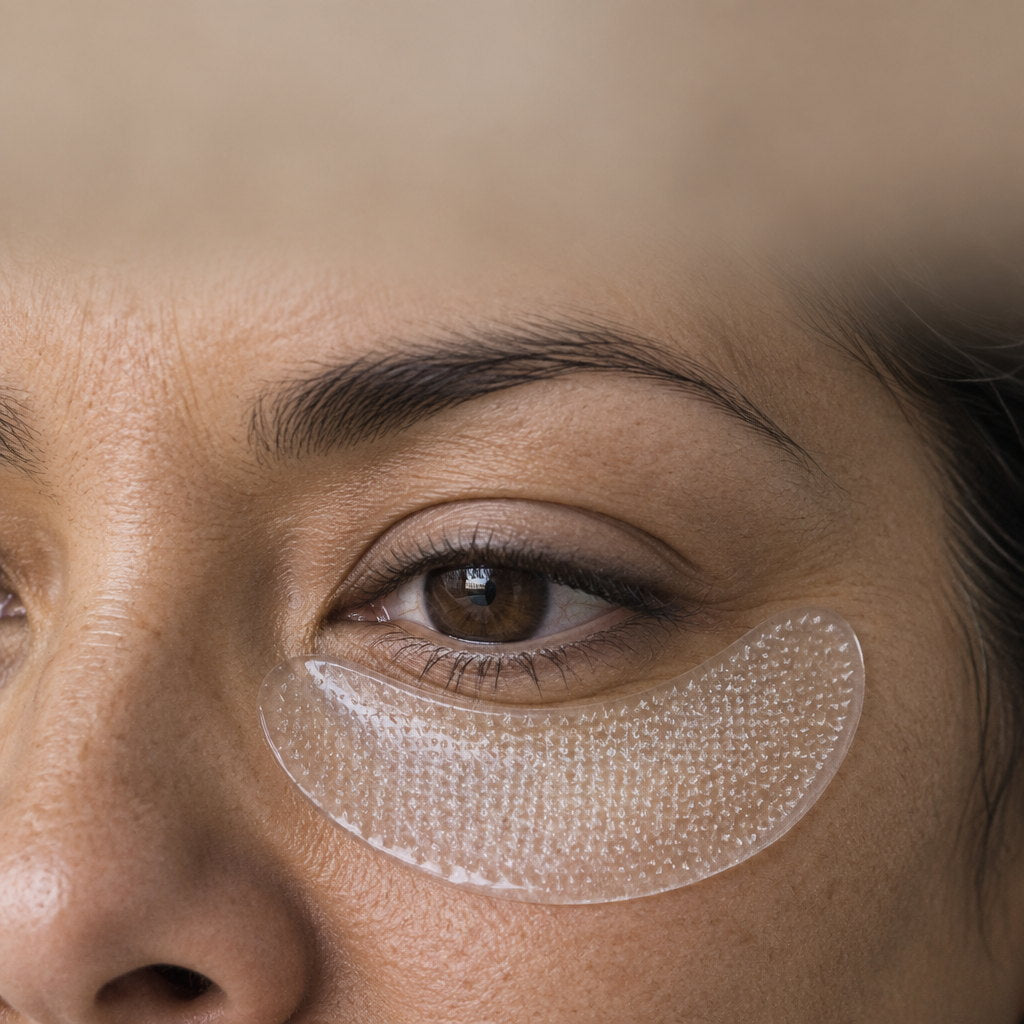Parche de microagujas aplicado bajo el ojo, transparente y sin brillo