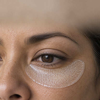 Parche de microagujas aplicado bajo el ojo, transparente y sin brillo